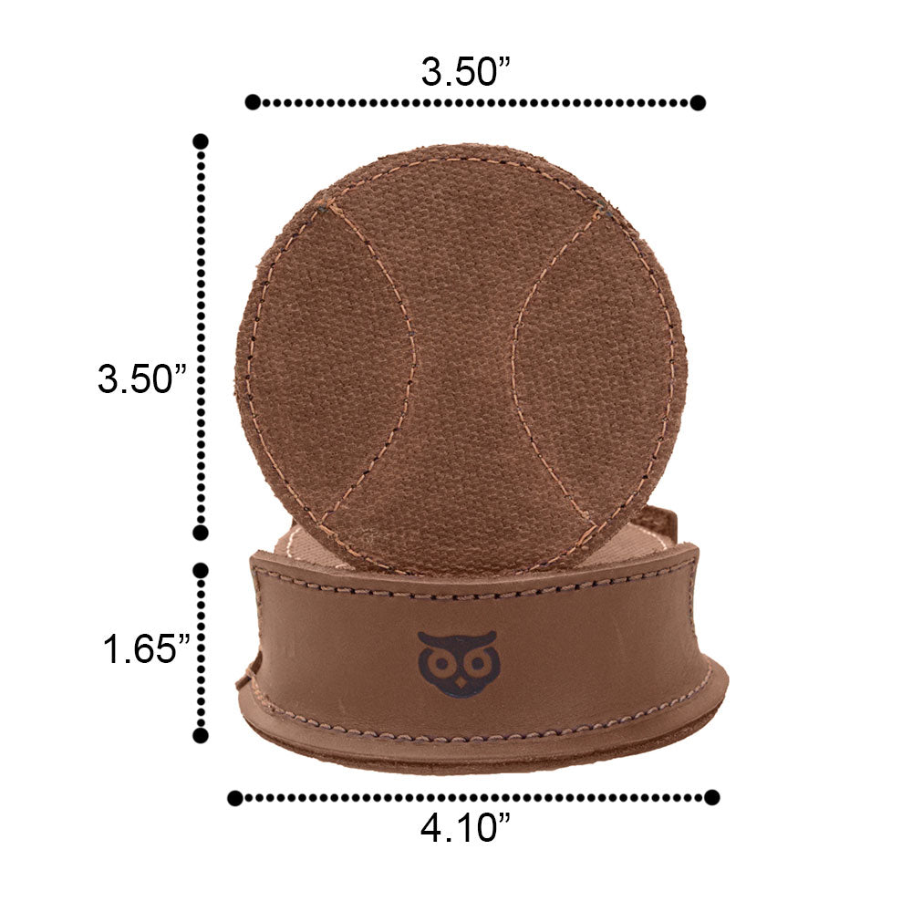 A detailed dimensions image of the Hide & Drink All Baseball Coaster (8-Pack), featuring a Waxed Canvas & Full Grain Leather holder and coasters. This visual emphasizes design quality and stain protection ability, handcrafted in La Antigua Guatemala & Oaxaca Mexico.