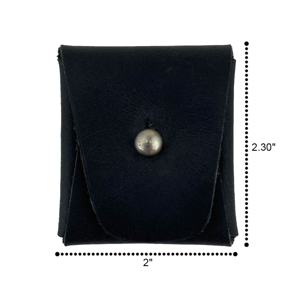 Dimensions of a navy Minimalist Square Coin Pouch by Hide & Drink presented on a measuring tape. This premium full grain leather pouch highlights artisanal craftsmanship and is a stylish solution for keeping small items organized. Minimalist Coin Pouch, SD Card Holder, Wallet and Cash Organizer, Full Grain Leather, StockyardX, Small Batch Production, Hand Cut, Hand Sewn, Fire Branded, Artisan, Handmade in La Antigua Guatemala & Oaxaca Mexico.