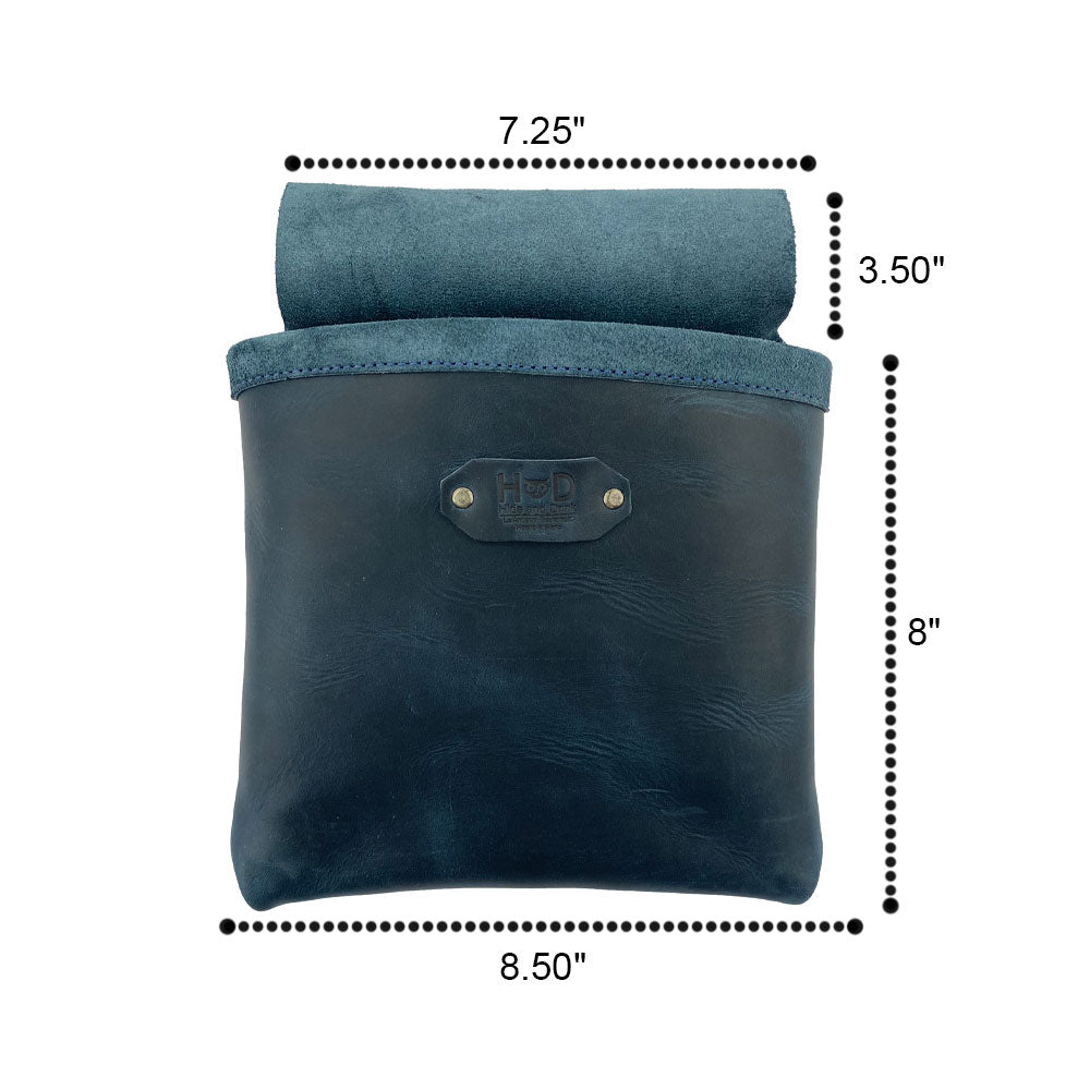 Dimensions of the Constructor Belt Bag in slate blue by Hide & Drink, highlighting practicality for constructors. This lapel-mounted tool bag features a single large pocket made from quality full grain leather, artisan-crafted in La Antigua Guatemala & Oaxaca Mexico.