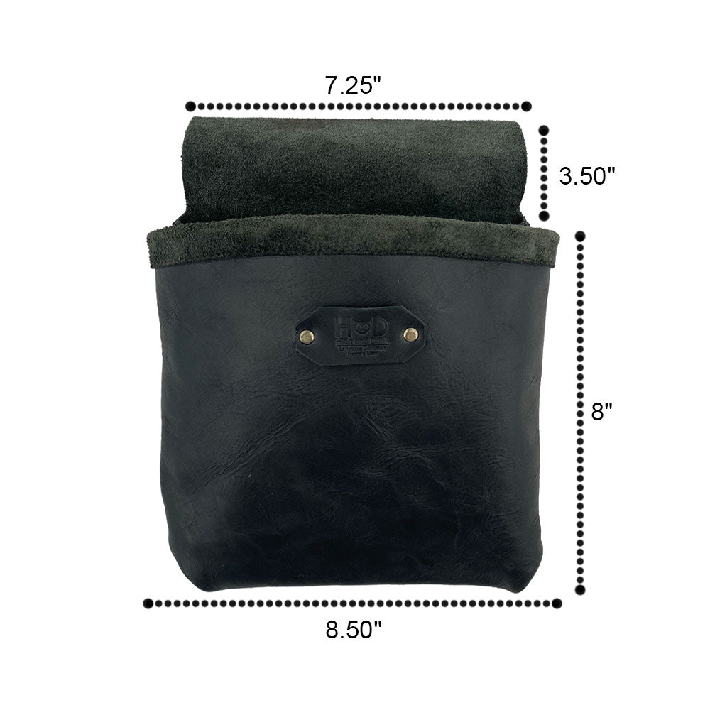 Dimensions of the Constructor Belt Bag in black by Hide & Drink, perfect for constructors. This tool belt bag features a single large pocket made from durable full grain leather, artisan-crafted in La Antigua Guatemala & Oaxaca Mexico.