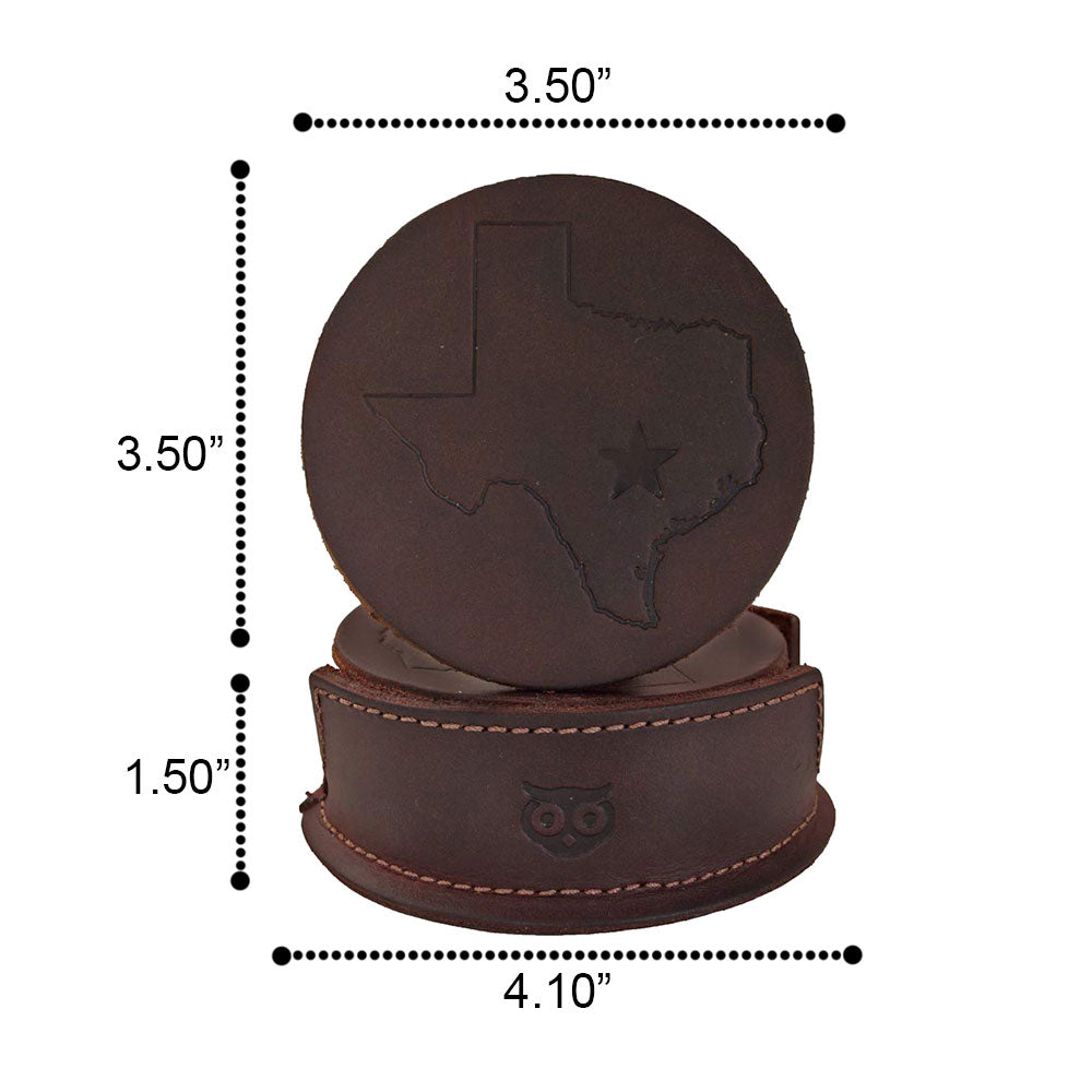Product dimensions of the Texas State Coasters (6-Pack) by Hide & Drink, displaying the size specifications alongside the coasters. The package illustrates the Durable Thick Leather quality, featuring artisan designs without stitching, a hallmark of their Small Batch Production handmade in La Antigua Guatemala & Oaxaca Mexico.