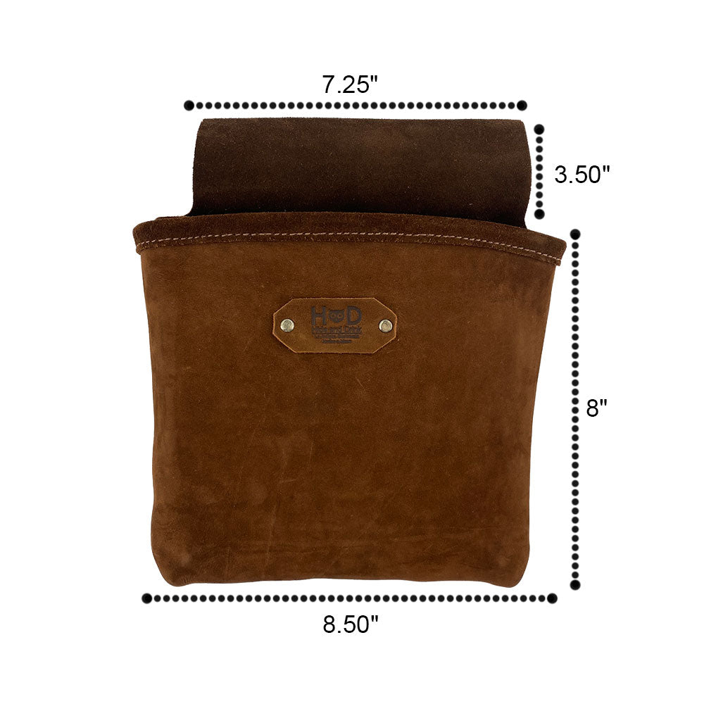 Dimensions of the Constructor Belt Bag in bourbon brown by Hide & Drink, showcasing its practicality for constructors. This tool belt bag features a large pocket made from full grain leather, artisan-crafted in La Antigua Guatemala & Oaxaca Mexico.