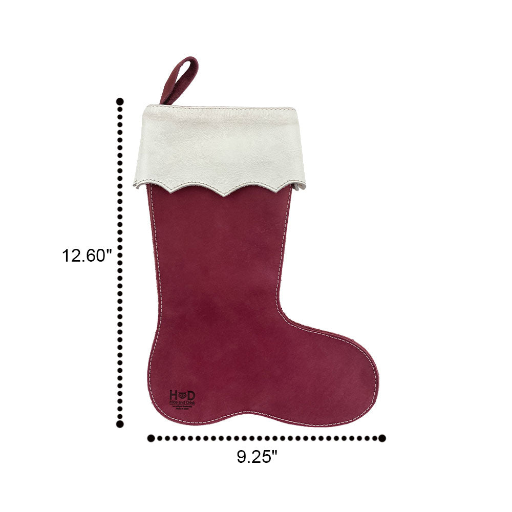 Dimensions of the red Christmas Stocking Boot by Hide & Drink, highlighting its size for ideal décor placement. Made of Full Grain Leather, this handcrafted stocking is both functional and decorative as a Traditional Santa Stocking.