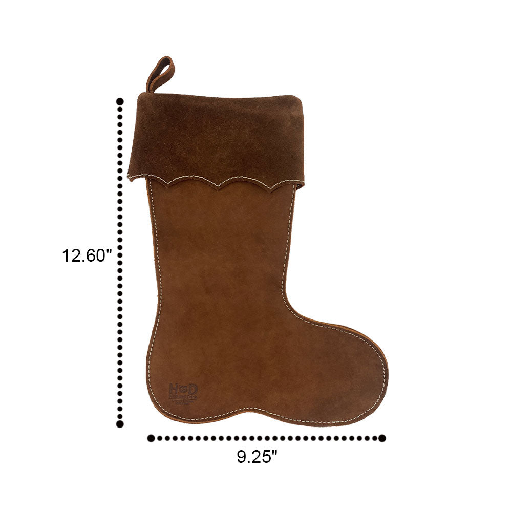 Dimensions of the Hide & Drink Christmas Stocking Boot displayed clearly for easy reference. This suede leather stocking, perfect to enhance your holiday decor, falls under Traditional Santa Stockings and features quality Full Grain Leather craftsmanship.