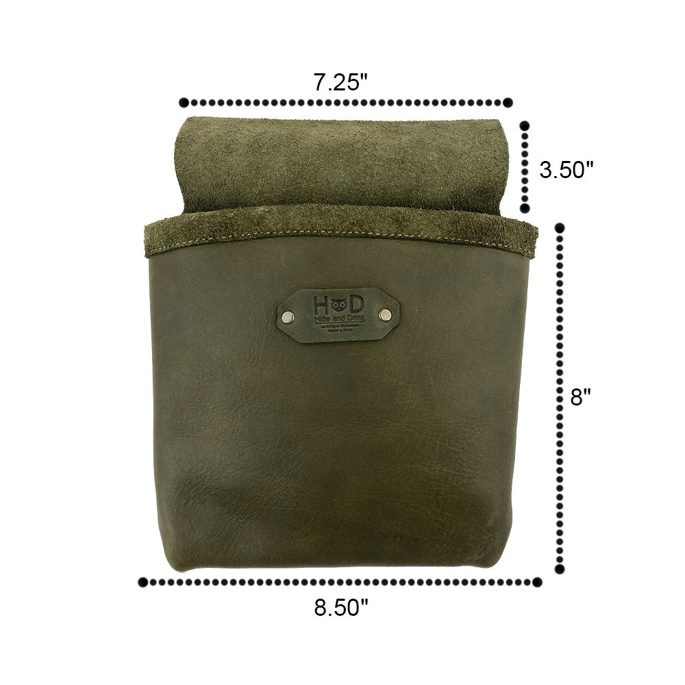 Dimensions of the Constructor Belt Bag in olive green by Hide & Drink, tailored for constructors. This tool belt bag features a large pocket made from sturdy full grain leather, handcrafted in La Antigua Guatemala & Oaxaca Mexico.