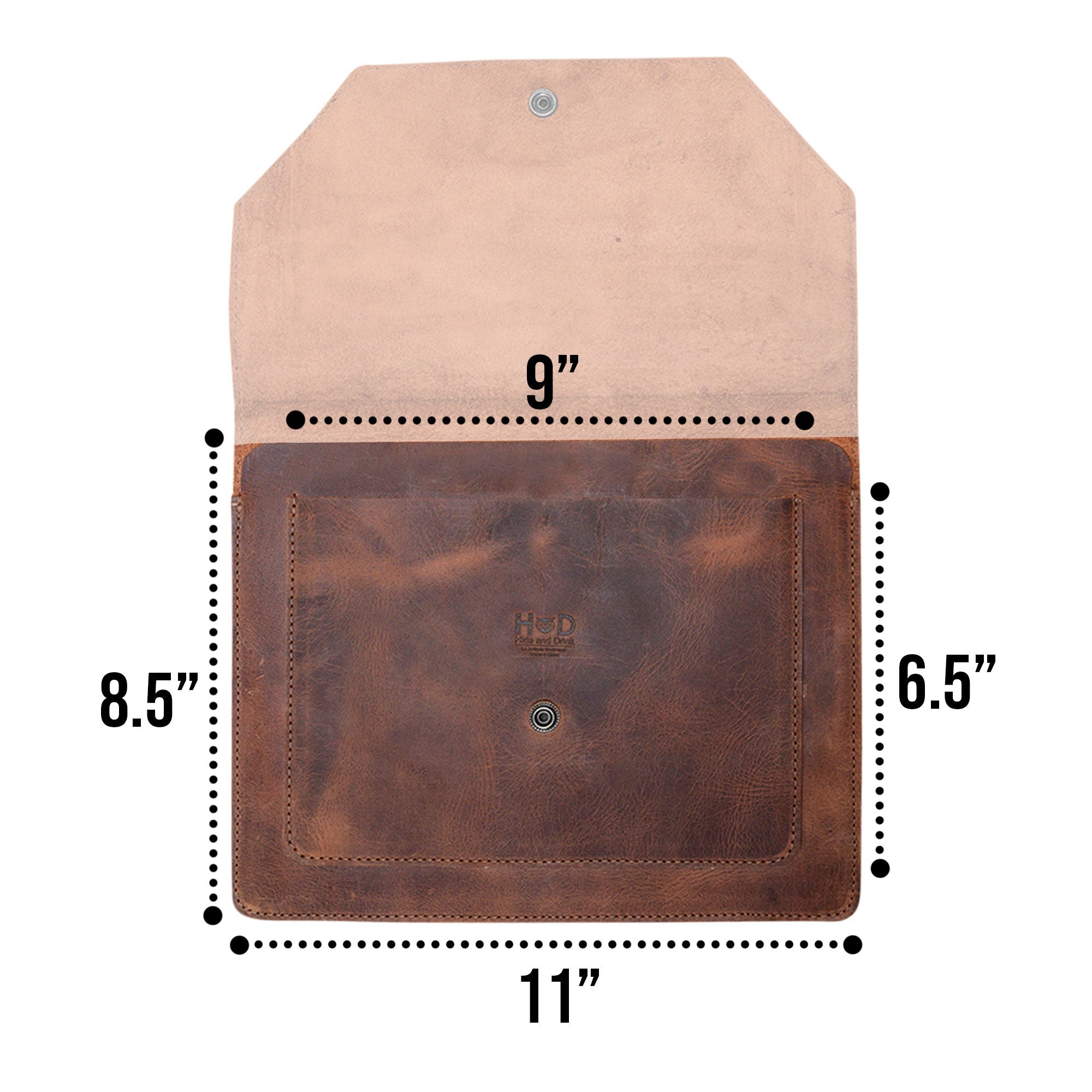 Dimensions of Hide & Drink's Slim Portfolio, a handmade Flat Messenger Case. This Narrow Document Holder, made from Full Grain Leather, serves as an ideal office accessory, showcasing artisan craftsmanship from La Antigua Guatemala & Oaxaca Mexico.