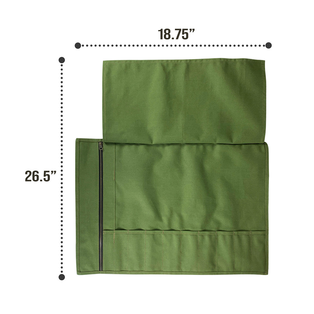 Specification details of the Cast Leather Co. Knife Roll Bag showing dimensions. This knife roll bag provides an excellent portable storage solution for specialty knives, crafted from water-resistant canvas and full grain leather, artisan made in La Antigua Guatemala & Oaxaca Mexico.