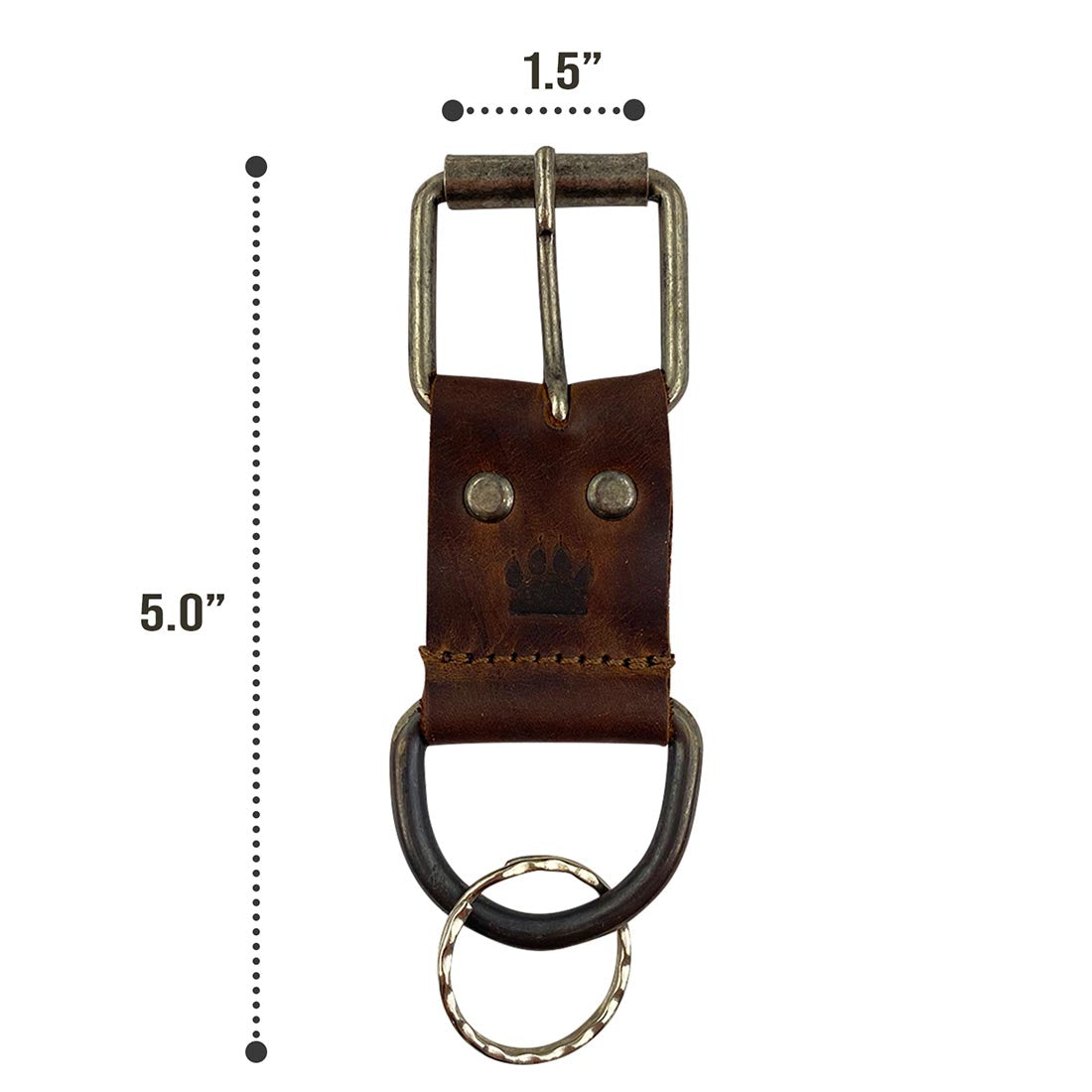 Taco Dog Big Dog Collar Keychain - Dimensions showcasing the perfect size for practicality, highlighting the handmade leather and attention to detail from local artisans. Big Dog Collar Keychain - Functional, Durable, Lightweight, All Natural Accessory - Great Gift for Any Dog Lover, Full Grain Leather, StockyardX, Small Batch Production, Hand Cut, Hand Sewn, Fire Branded, Artisan, Handmade in La Antigua Guatemala & Oaxaca Mexico.