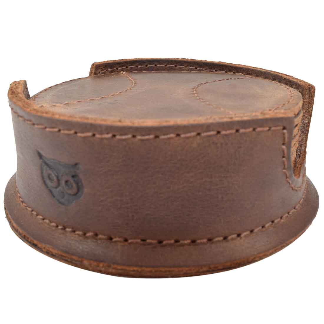Side angle of a sturdy coaster holder designed for Hide & Drink All Baseball Coaster (8-Pack), featuring Waxed Canvas & Full Grain Leather. This holder is ideal for keeping your coasters organized while protecting surfaces from stains, handcrafted in La Antigua Guatemala & Oaxaca Mexico.