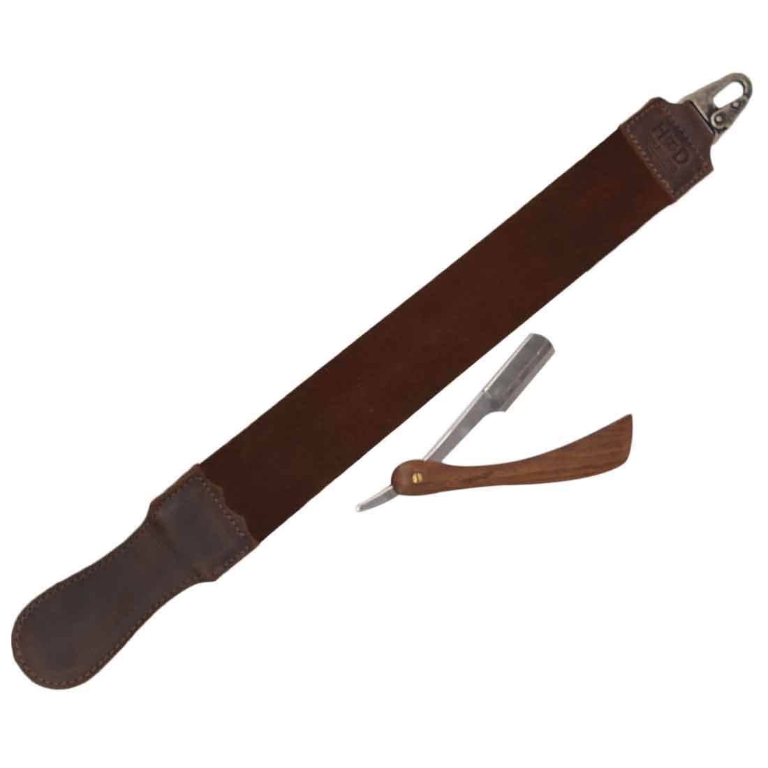 Hide & Drink's Barber Strop made from Full Grain Leather, ideal for sharpening razors. This handmade shaving sharpener, also known as a Razor Strop and Barber Straight Razor Strap Belt, showcases artisan craftsmanship with fire branded detailing, perfect for professional barbers.