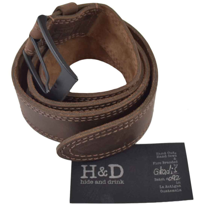 Two Row Stitch Leather Belt / Rustic Charcoal Buckle, 1.5" Wide - Stockyard X 'The Leather Store'