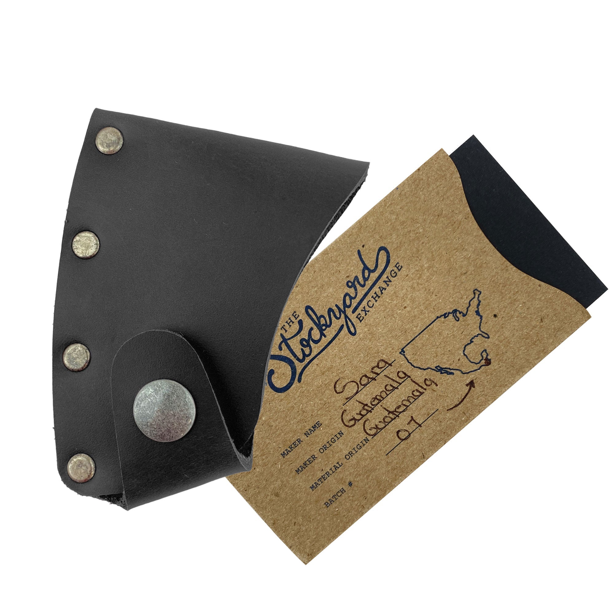 The Hatchet Blade Cover by Valhalla Gear alongside a business card, emphasizing the handmade quality and artisan craftsmanship of this protective accessory - Protector Case Cover, Small Axe Blade Safety Sleeve, Camping Accessory, Lumberjack Outdoor Essentials, StockyardX, Small Batch Production, Hand Cut, Hand Sewn, Fire Branded, Artisan, Handmade in La Antigua Guatemala & Oaxaca Mexico.