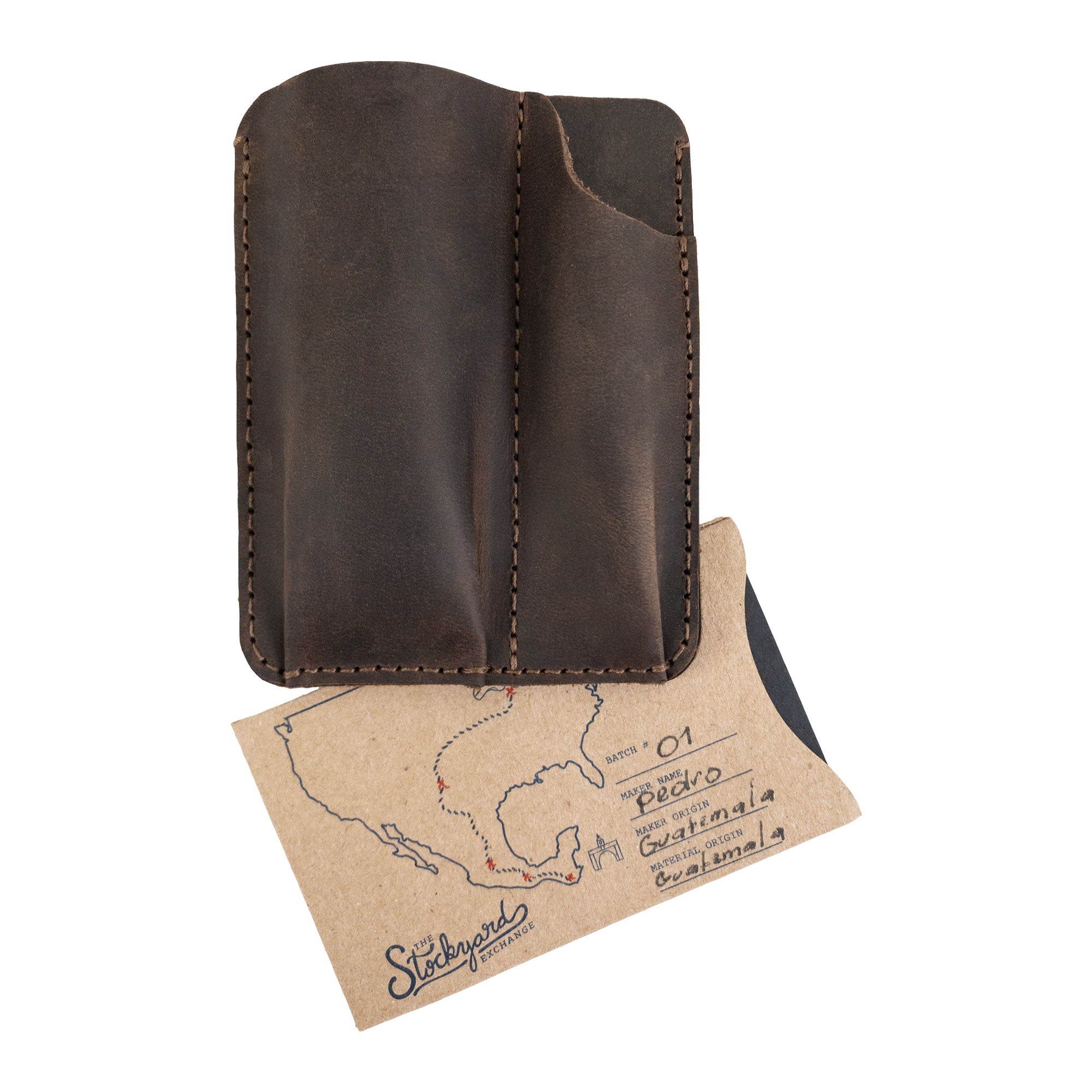 Valhalla Gear Tactical Card Holder with Pen Slots alongside a card, emphasizing its utility. Made from Full Grain Leather, this EDC Card Holder with Pen Slots is hand cut and sewn, epitomizing handmade quality from La Antigua Guatemala.