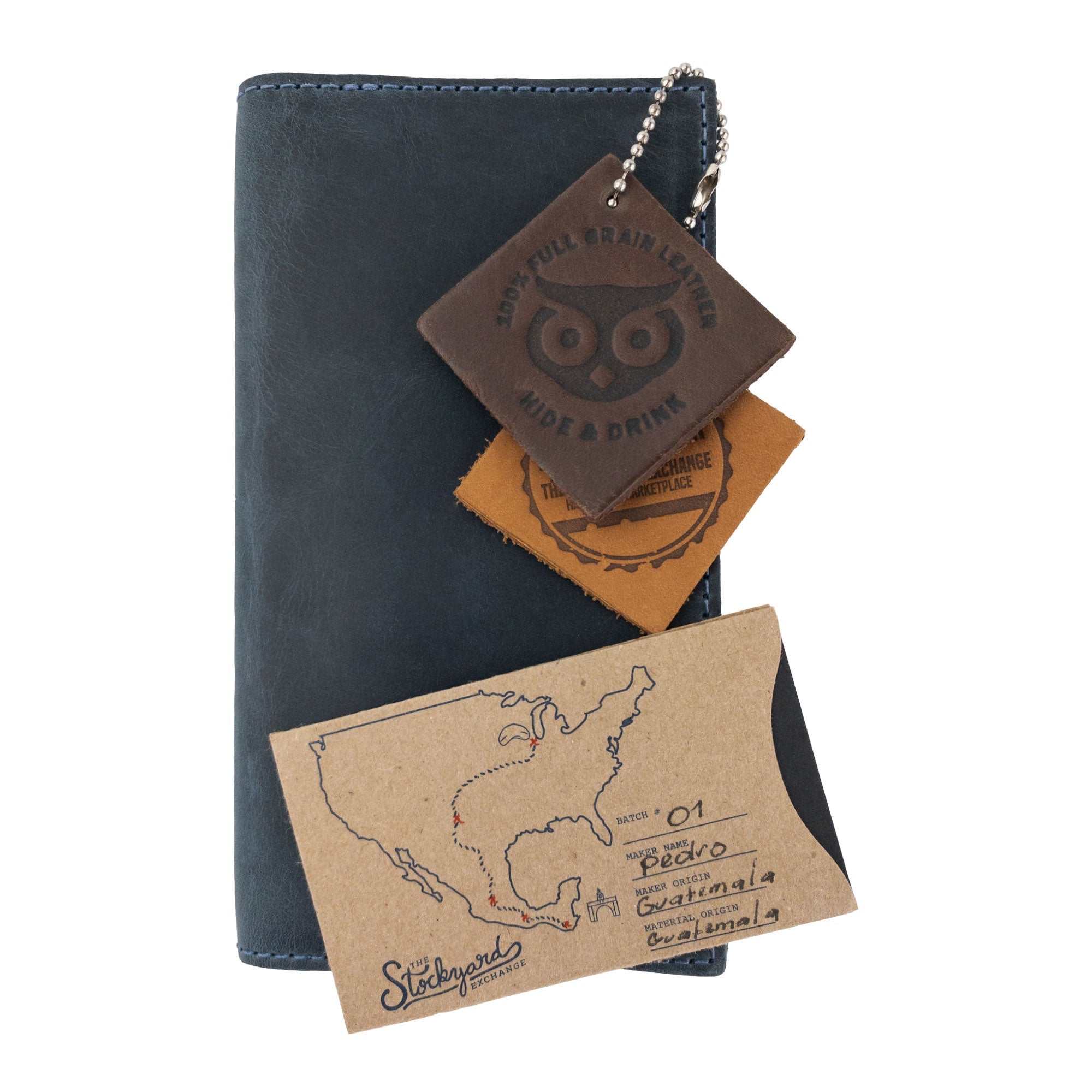 Dimensions of the Checkbook Leather Cover by Hide & Drink in dark brown, serving as an effective minimalist organizer for standard checkbooks. This artisan piece, made from full grain leather, showcases small batch production and is handmade in La Antigua Guatemala and Oaxaca Mexico.