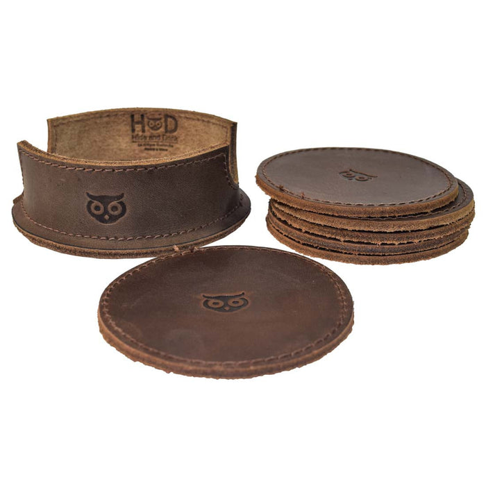 Thick Leather Owl Coasters with Stitching (6-Pack) - Stockyard X 'The Leather Store'