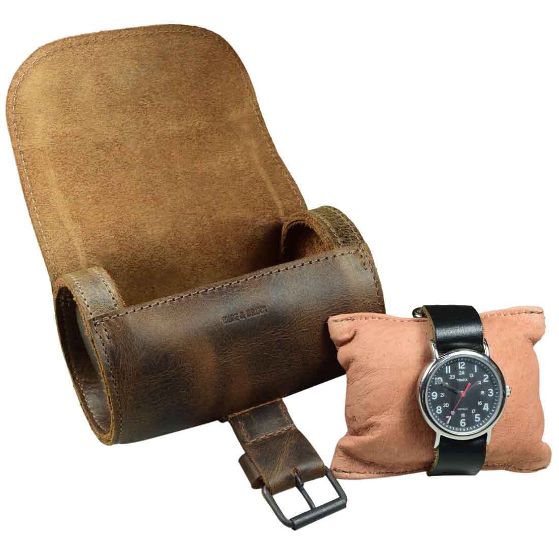 Hide & Drink Single Watch Case featuring a soft cushion for storage. This Cylinder Watch Case with Cushion acts as a stylish jewelry organizer and travel accessory, made from durable Full Grain Leather. Artisan-crafted in La Antigua Guatemala & Oaxaca Mexico, showcasing small batch production with meticulous hand cut and sewn techniques.