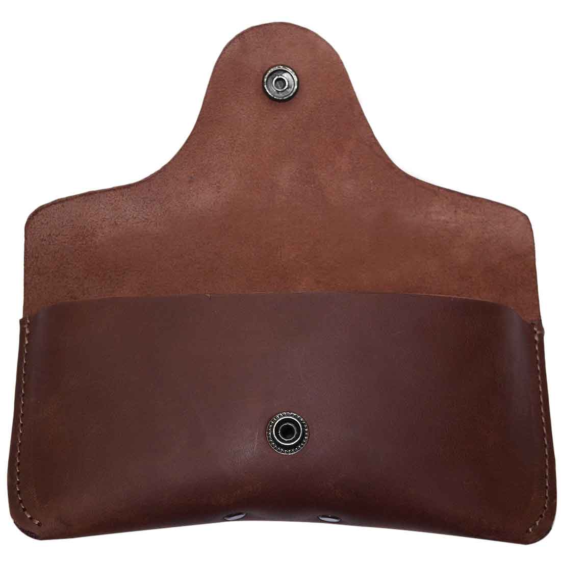 The back view of the Thick Eyeglasses Case by Hide & Drink, highlighting the durable Thick Sturdy Leather Eyeglasses Case structure suitable for 6-inch long glasses. This eyewear sunglasses protector is crafted from full grain leather, showcasing artisan quality from small batch production in La Antigua Guatemala & Oaxaca Mexico.