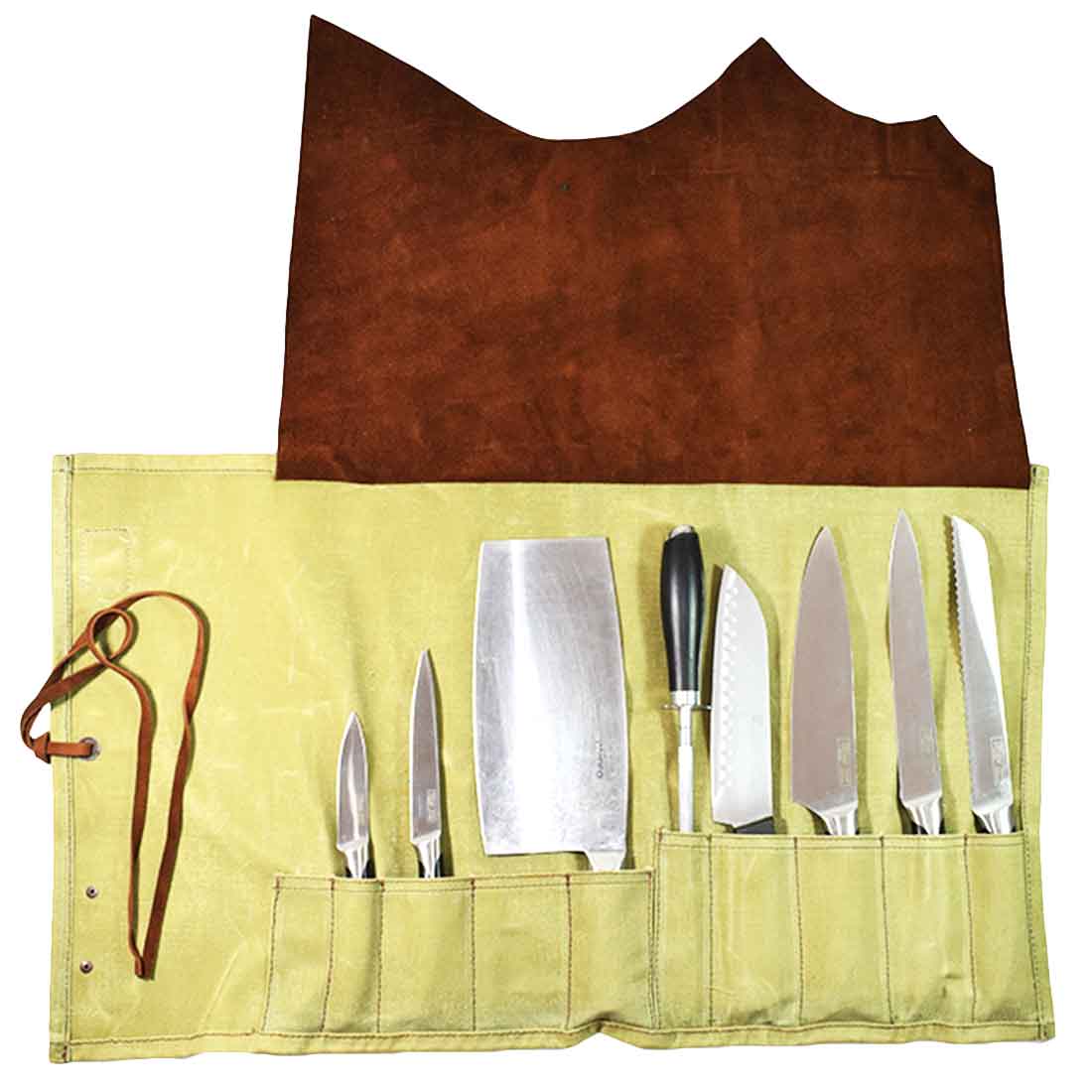 Hide & Drink's Knife Roll (10 Pockets) showcasing a beautifully designed all purpose knife roll made from water resistant canvas and waxed canvas with full grain leather. This artisan travel knife case is handcrafted in La Antigua Guatemala & Oaxaca Mexico, featuring 10 pockets for chefs' knives. Ideal for culinary enthusiasts, it's a durable and stylish kitchen accessory.