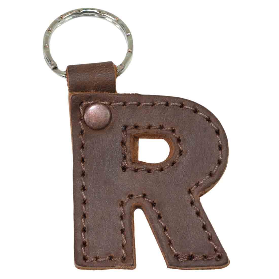 Close-up of letter R thick leather Alphabet Letter Keychain from Hide & Drink. This durable piece is crafted from Full Grain Leather, reflecting the artisan methods of small batch production in La Antigua Guatemala.