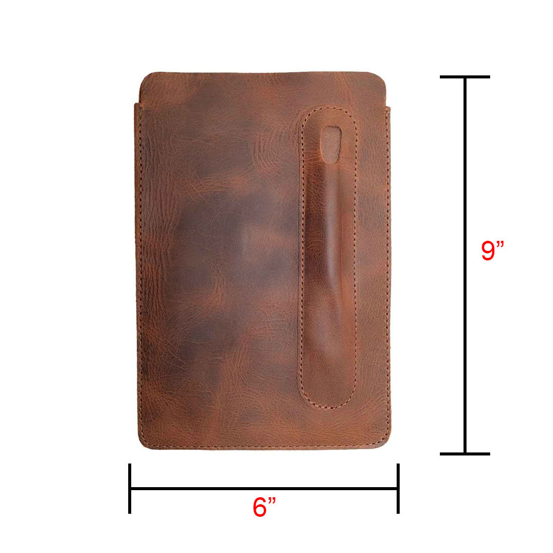 Dimensions image of Hide & Drink's Notebook Sleeve & Pen Holder (5 x 8.5 in.) (Notebook Not Included), highlighting its practical size of 6 x 9 inches made from luxurious full grain leather, ideal for a stylish journal cover or diary case, crafted artisanally in La Antigua Guatemala.