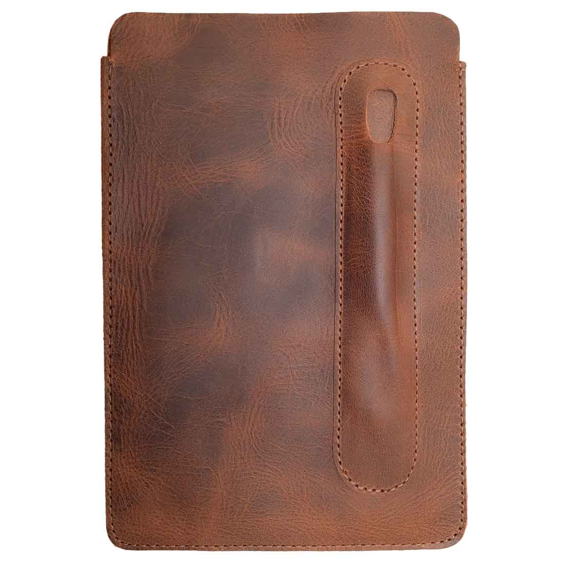 The back of Hide & Drink's Notebook Sleeve & Pen Holder (5 x 8.5 in.) (Notebook Not Included), displaying premium full grain leather with a clean design, perfect as a journal cover or diary case, elegantly handmade in La Antigua Guatemala and Oaxaca Mexico.