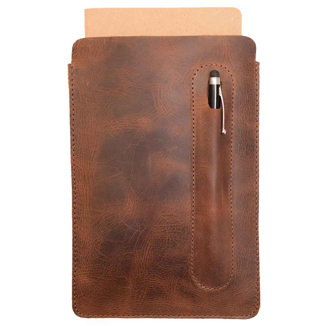 Hide & Drink's Notebook Sleeve & Pen Holder (5 x 8.5 in.) (Notebook Not Included) showcasing soft full grain leather, perfect for a journal cover or diary case, handcrafted in La Antigua Guatemala. Features a pen holder and artisan fire branded designs in a small batch production.