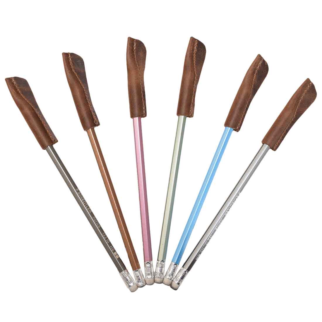 Showcase of Hide & Drink's Pencil Cap (6 Pack) featuring a set of 6 stylish pencil caps made from full grain leather, perfect for pencil lead protection. These pencil caps are essential office accessories, hand cut and hand sewn with quality craftsmanship from artisans in La Antigua Guatemala & Oaxaca Mexico.