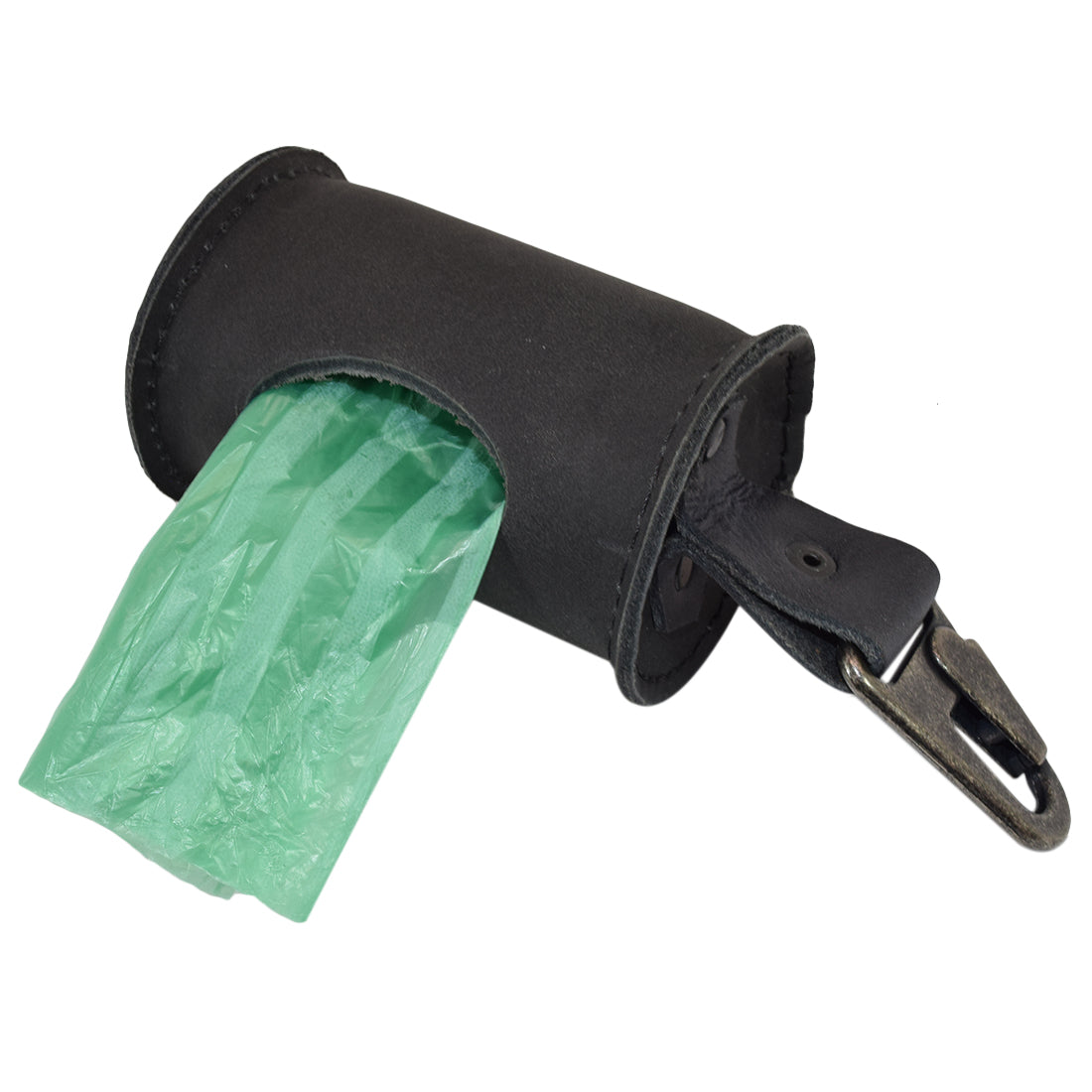 Doggie Bag Dispenser by Hide & Drink featuring a vibrant green plastic bag for easy use. This charming full grain leather waste bag holder with a brass metal clip is handcrafted by artisans in La Antigua Guatemala, making it a stylish yet functional accessory for dog walkers.