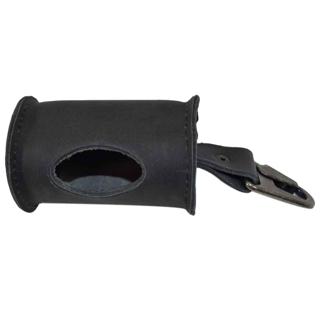 Side view of the black Doggie Bag Dispenser from Hide & Drink, showcasing its thick full grain leather design and practical belt attachment. This stylish poop bag holder is ideal for dog walkers and is skillfully handmade in La Antigua Guatemala.