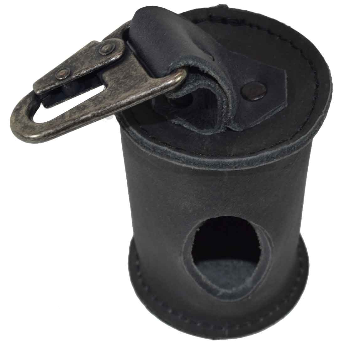 Close-up of the black Hide & Drink Doggie Bag Dispenser demonstrating the quality craftsmanship with a visible clip attachment. This artisanal waste bag holder made from thick full grain leather is perfect for stylish dog walkers.