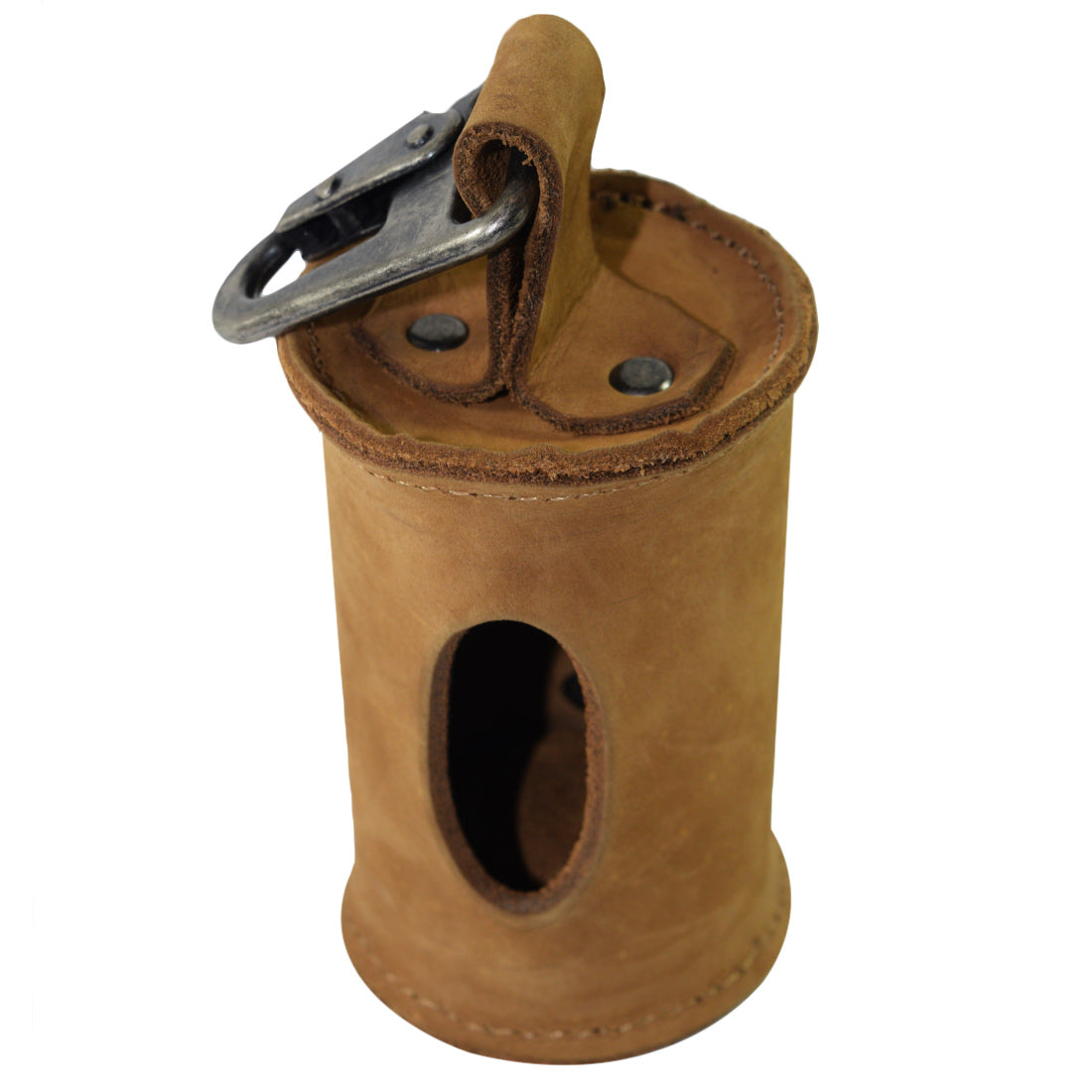Side view of the tan Hide & Drink Doggie Bag Dispenser, showcasing its elegant design with a belt attachment. This thick full grain leather poop bag holder is ideal for dog walkers and handmade in La Antigua Guatemala.