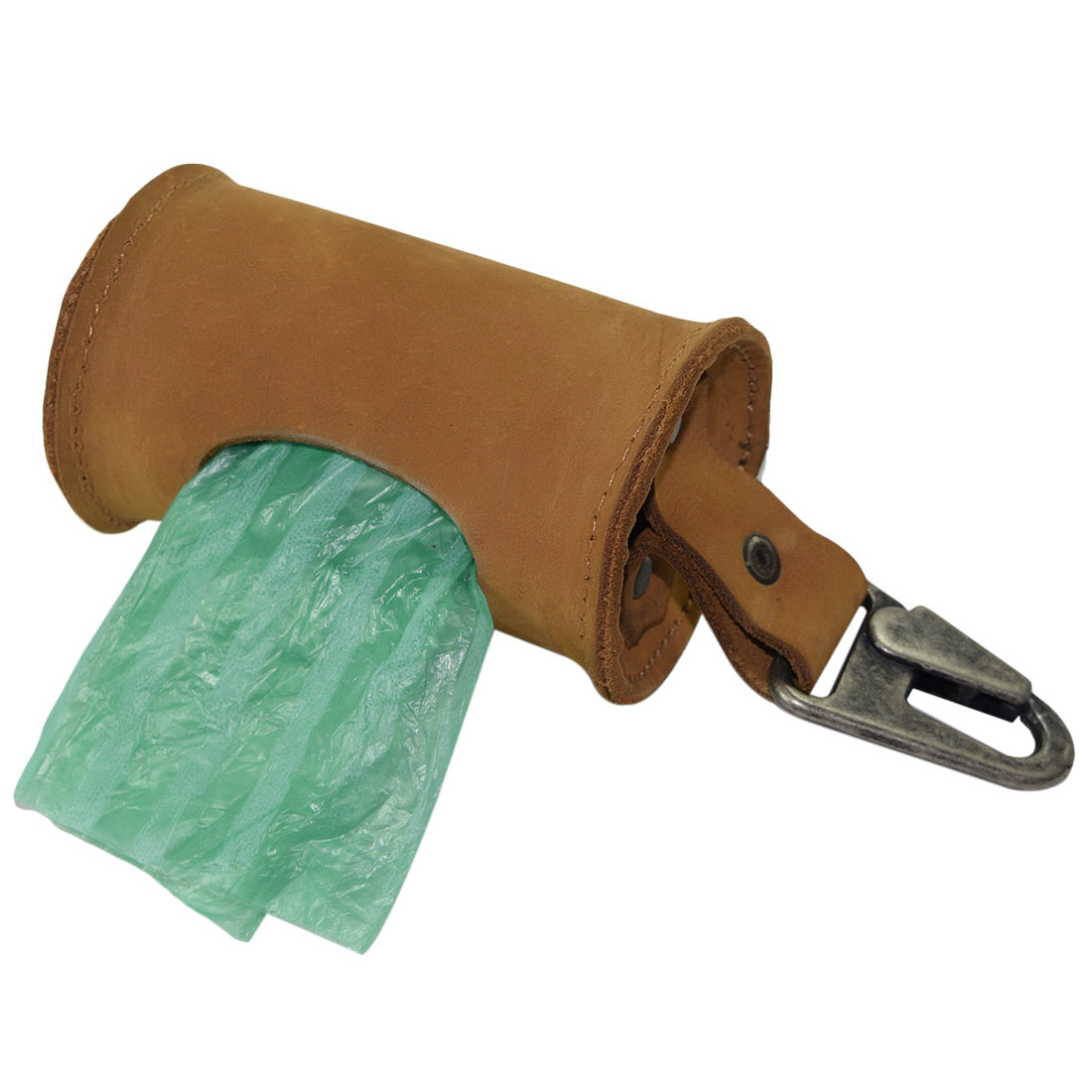 Doggie Bag Dispenser from Hide & Drink demonstrating a stylish tan leather design. This full grain leather waste bag holder with a brass metal clip is perfect for dog walkers, handcrafted by artisans in La Antigua Guatemala.