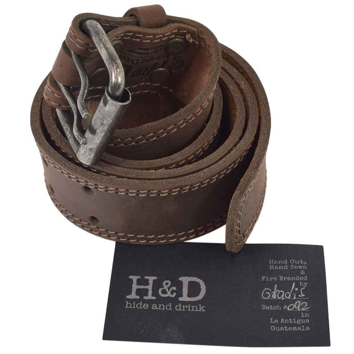 Two Row Stitch Reinforced Leather Belt / Rustic Double Prong Buckle, 1.5" Wide