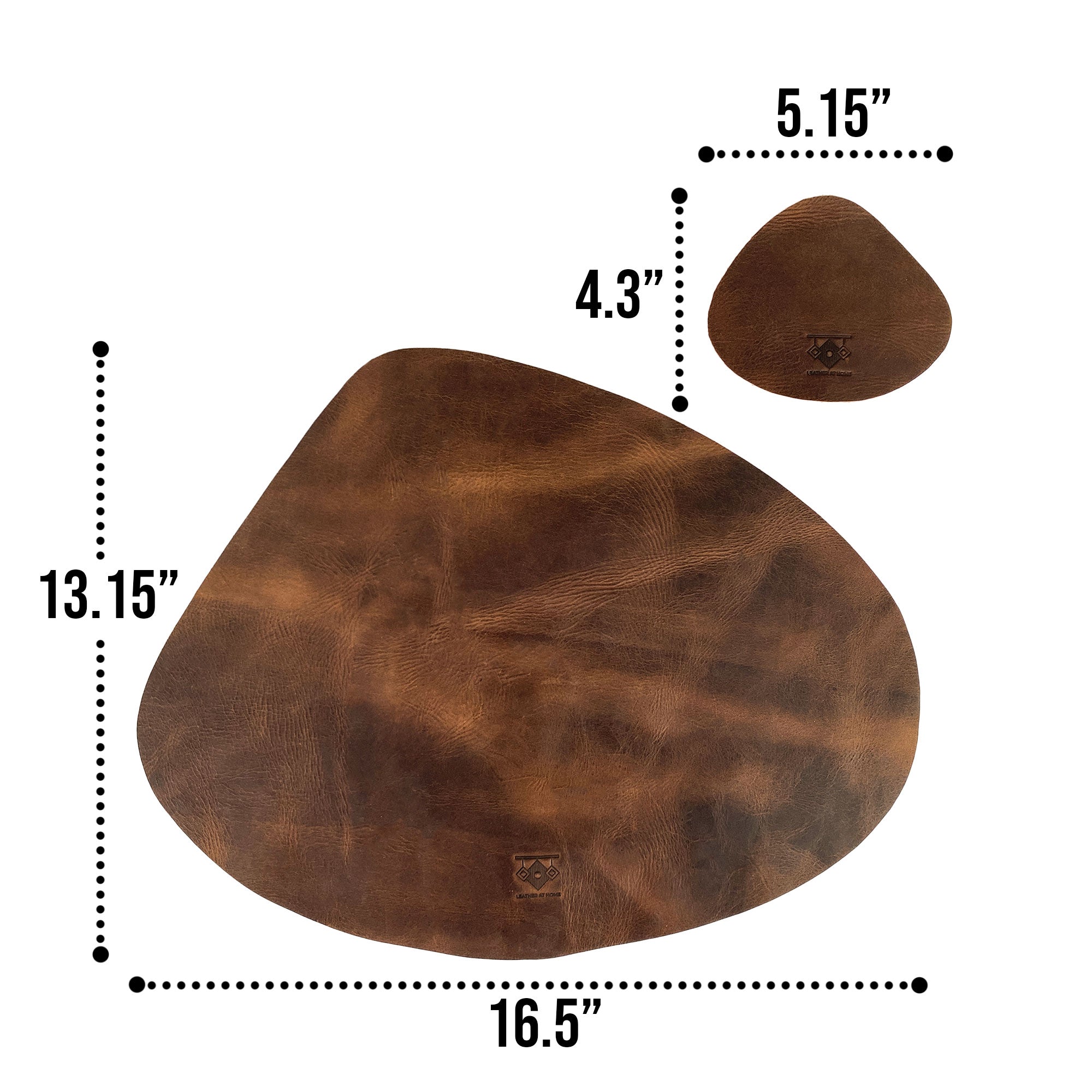 Dimensions of Leather Place Mats with Coasters Set of 4 by Leather At Home illustrated with measurements. These rustic placemats are handmade from full grain leather, perfect for defining your dining space, designed with quality and care in La Antigua Guatemala & Oaxaca Mexico.