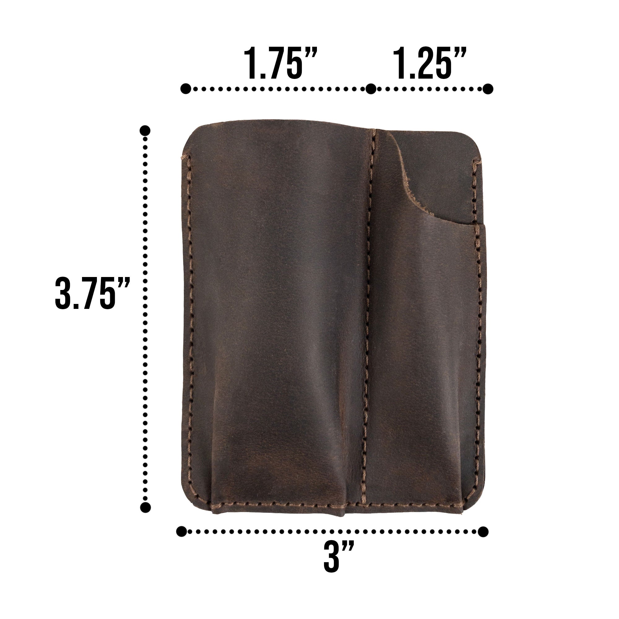 Dimensions of the Valhalla Gear Tactical Card Holder with Pen Slots, emphasizing its practicality. Crafted in Full Grain Leather, this EDC Card Holder with Pen Slots is a testament to Small Batch Production and artisan techniques from La Antigua Guatemala.