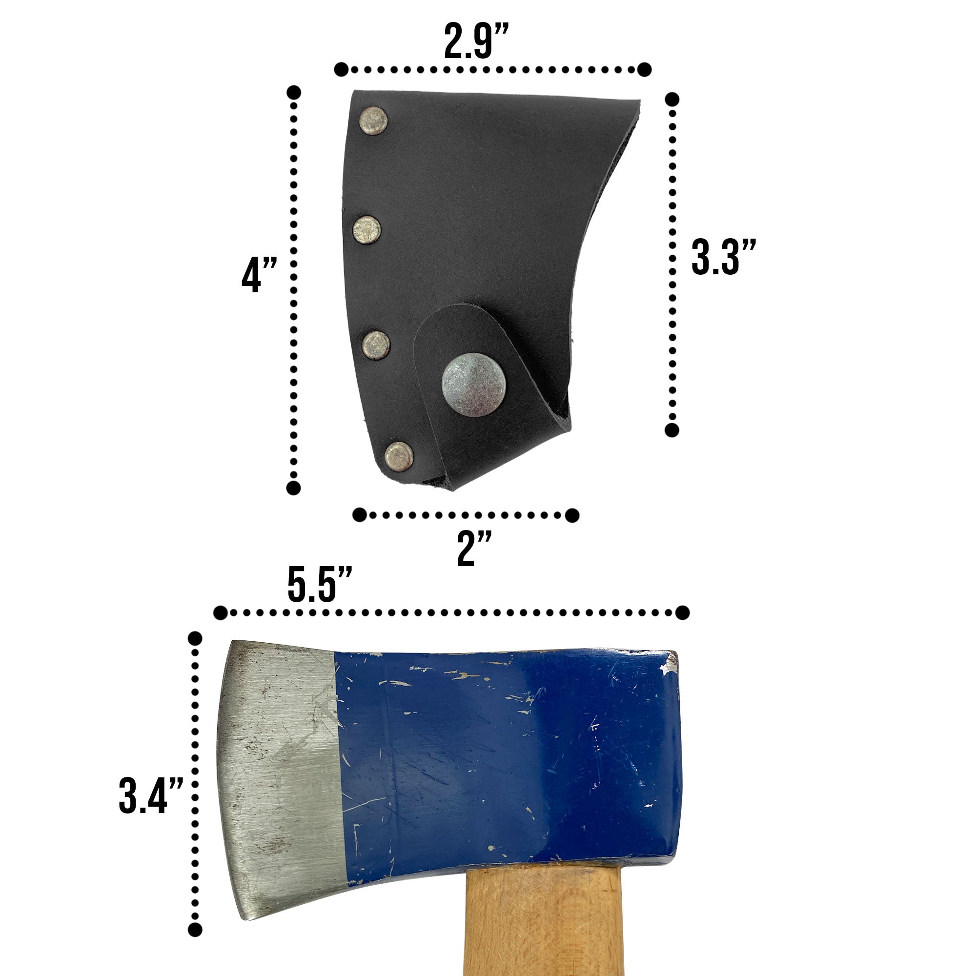 Illustration of size dimensions of the Hatchet Blade Cover by Valhalla Gear, important for outdoor enthusiasts seeking the perfect fit for their axes - Protector Case Cover, Small Axe Blade Safety Sleeve, Camping Accessory, Lumberjack Outdoor Essentials, StockyardX, Small Batch Production, Hand Cut, Hand Sewn, Fire Branded, Artisan, Handmade in La Antigua Guatemala & Oaxaca Mexico.
