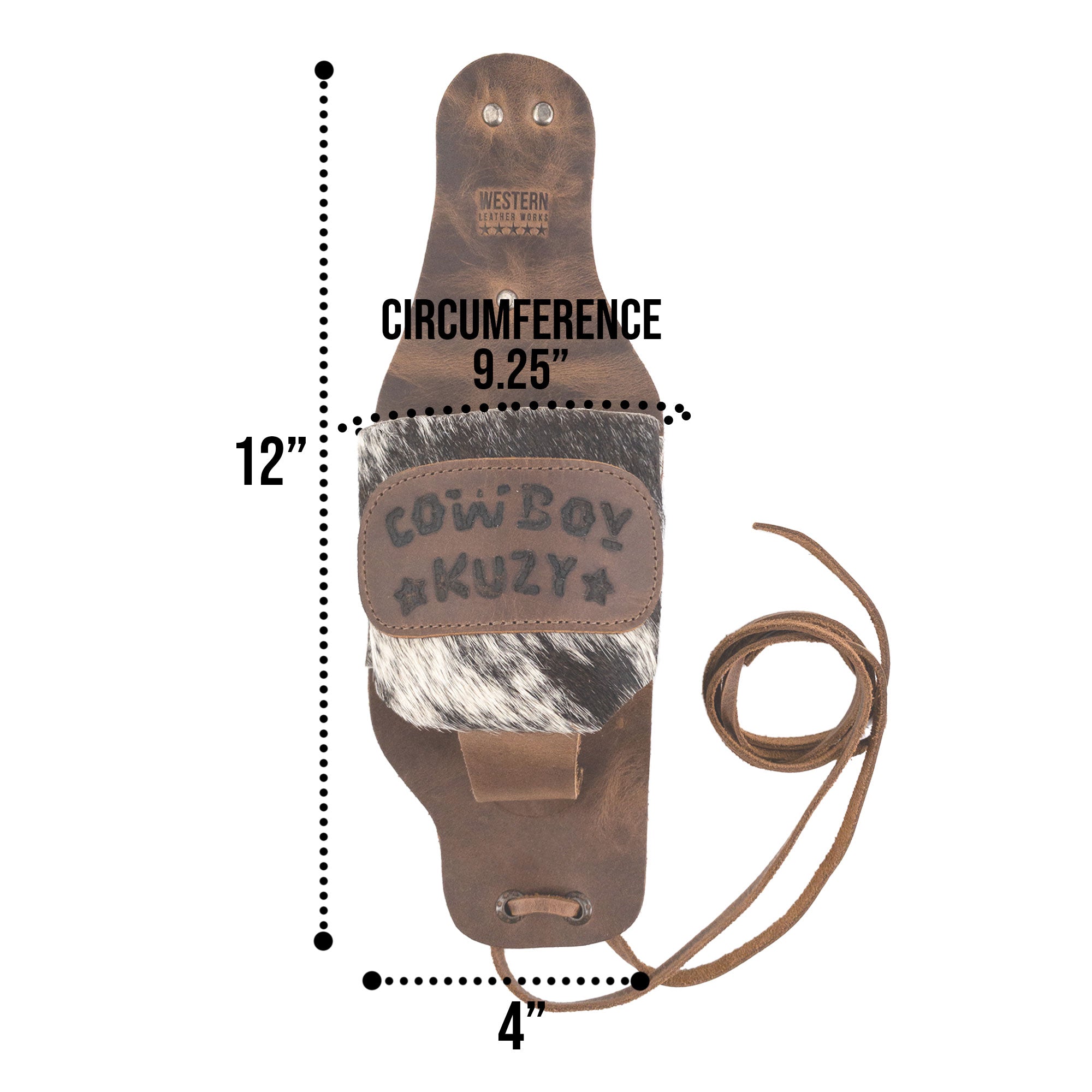 Detailed size specifications and stylish view of the Cowboy Beer Holster by Western Leather Works, designed for practical use as a handsfree beverage holder. Each product is handcrafted from high-quality full grain leather, showcasing artisan techniques in La Antigua Guatemala & Oaxaca Mexico.