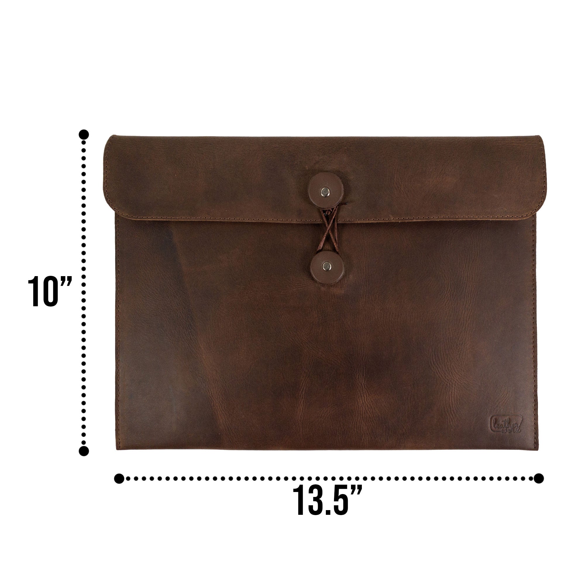 Dimensions of the Horizontal Mailing Envelope by Leather Worx, emphasizing its 13.5 by 10 inches size; crafted from Full Grain Leather with hand cut and hand sewn techniques, showcasing artisanal quality from La Antigua Guatemala & Oaxaca Mexico.