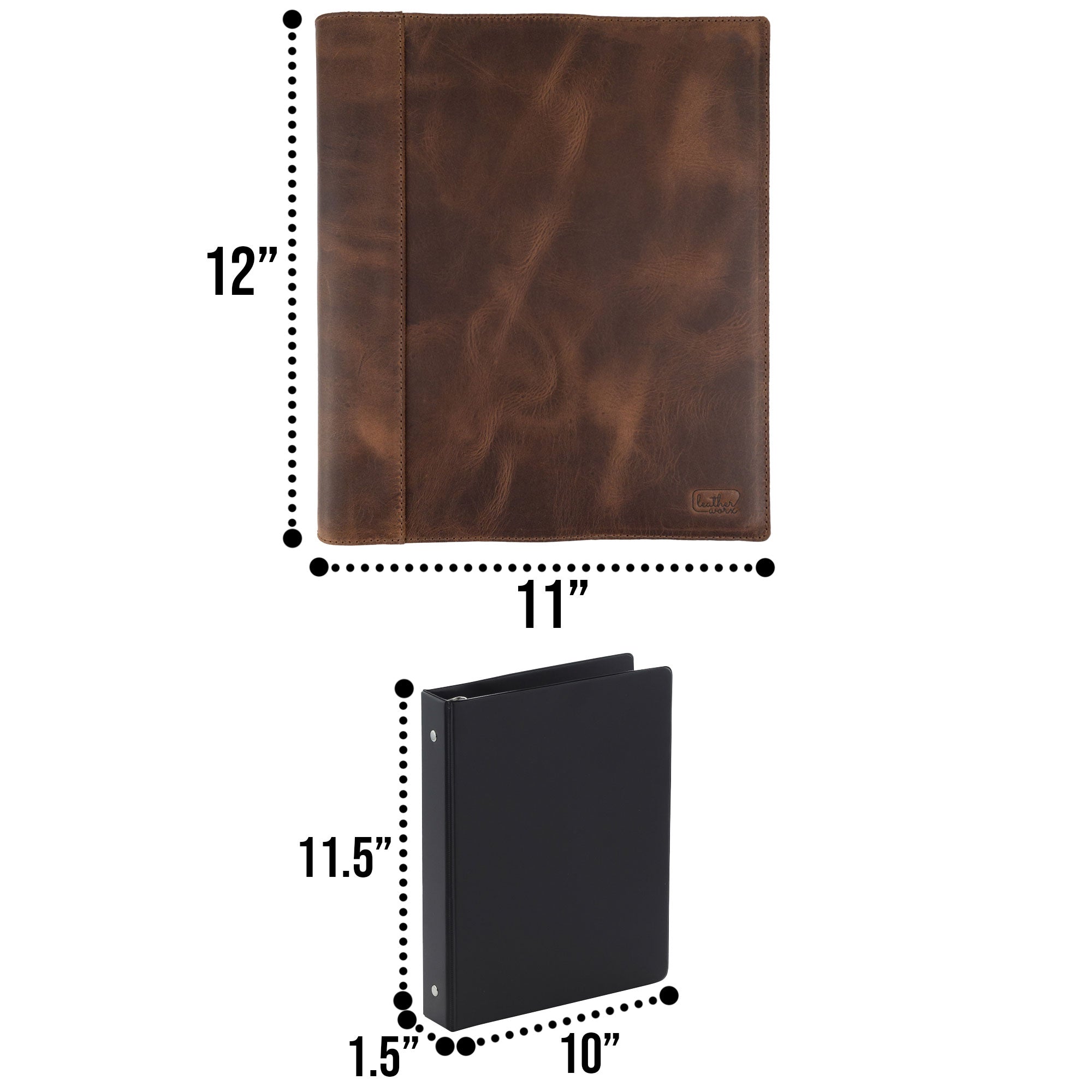 Image of a stylish binder cover by Leather Worx alongside a business card, demonstrating its professional charm. This classy binder cover brings minimalist style to office accessories, crafted with care from full grain leather, reflecting the artisan quality handcrafted in La Antigua Guatemala and the essence of small batch production.