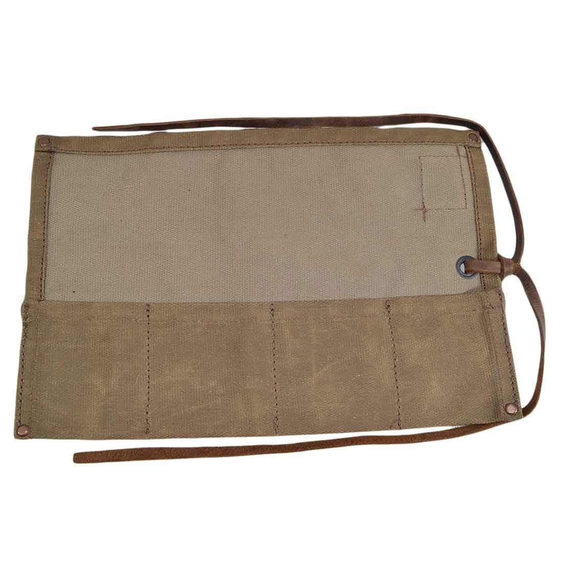 The back view of the Waxed Canvas Watch Roll by Hide & Drink, showcasing its durable design. This handmade watch organizer holds up to 4 watches and highlights quality craftsmanship from Guatemala and Mexico.